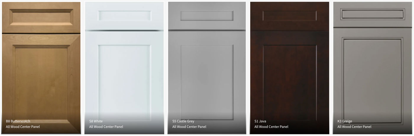 J&K Cabinet door styles - Butterscotch, White, Castle Grey, Java, Greige